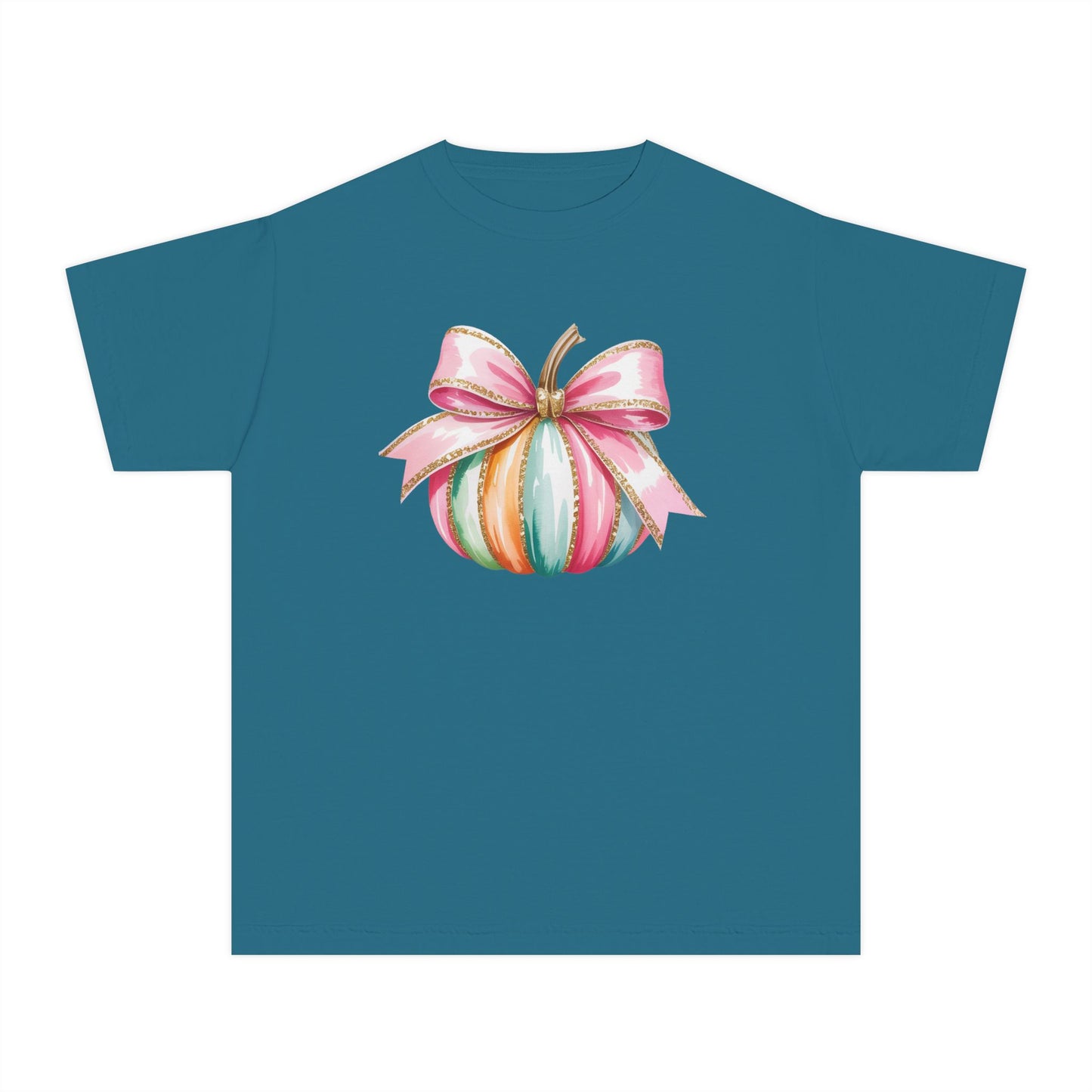 Pastel Pumpkin Bow Kids T-Shirt – Cute Fall Shirt for Girls, Festive Fall Tee, Thanksgiving & Halloween Outfit