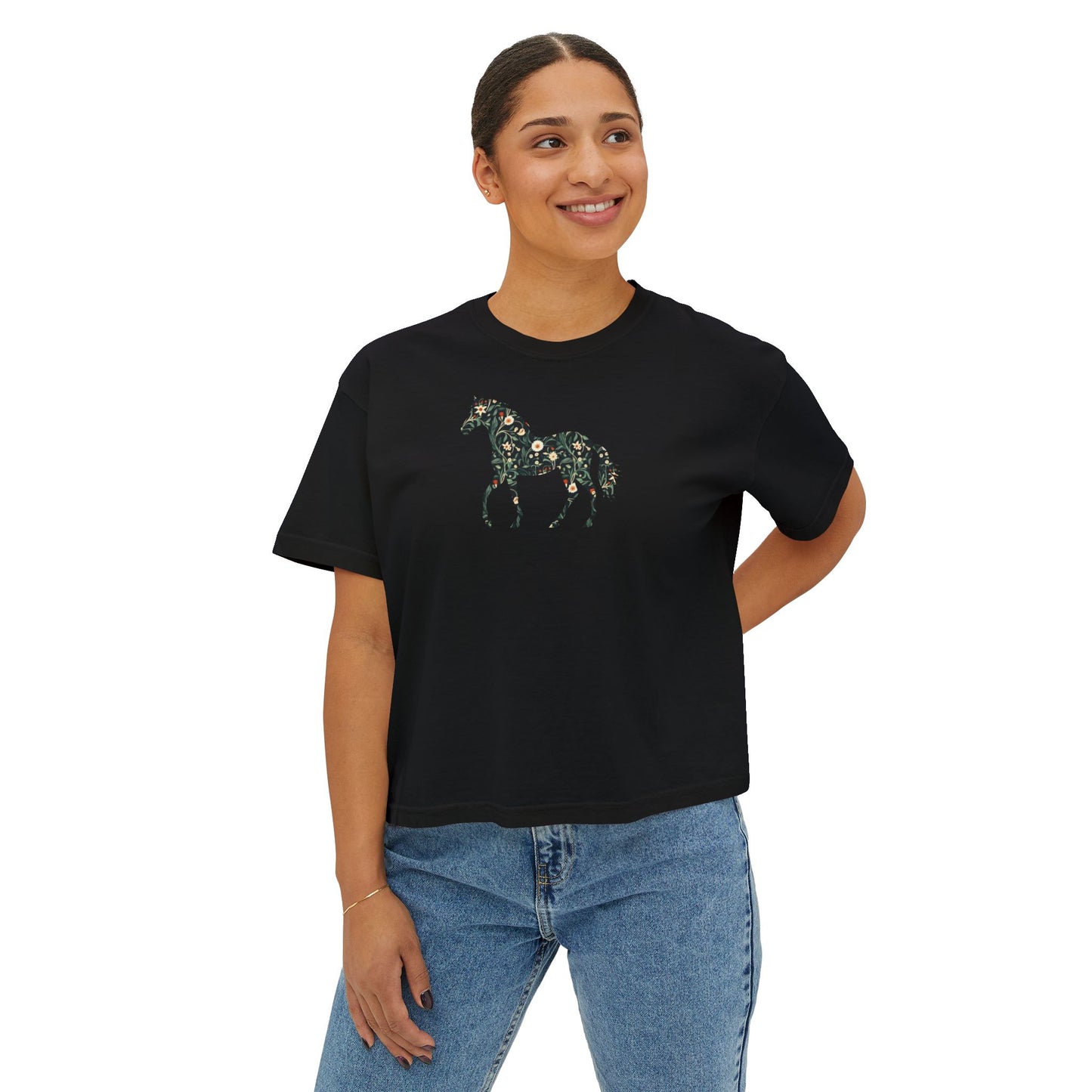 Floral Horse Boxy T-Shirt - Green Vine