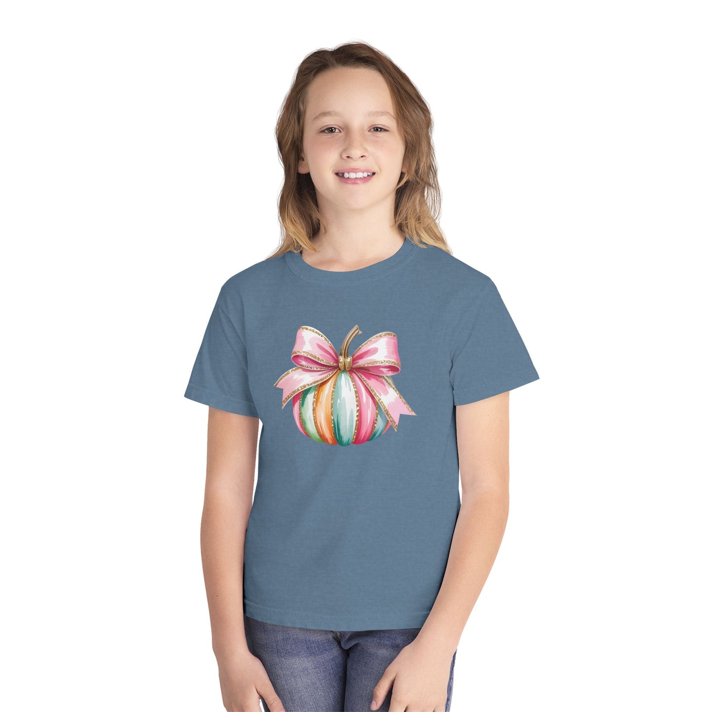 Pastel Pumpkin Bow Kids T-Shirt – Cute Fall Shirt for Girls, Festive Fall Tee, Thanksgiving & Halloween Outfit