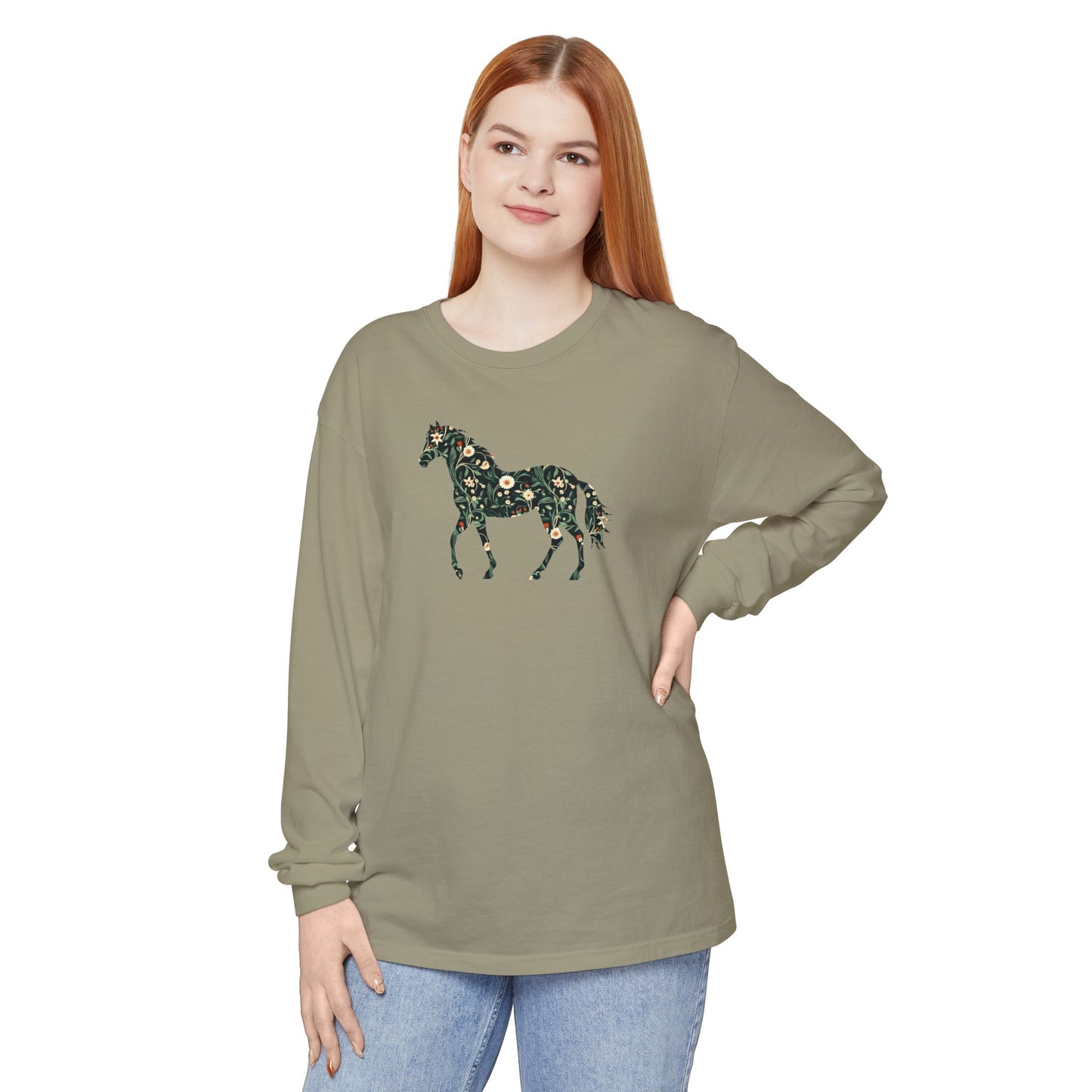 Floral Horse Long Sleeve T-Shirt - Green Vines