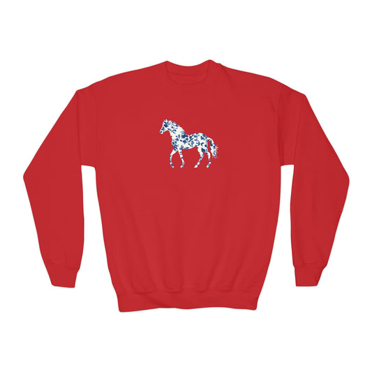 Floral Horse Youth Crewneck Sweatshirt - Blue Vine