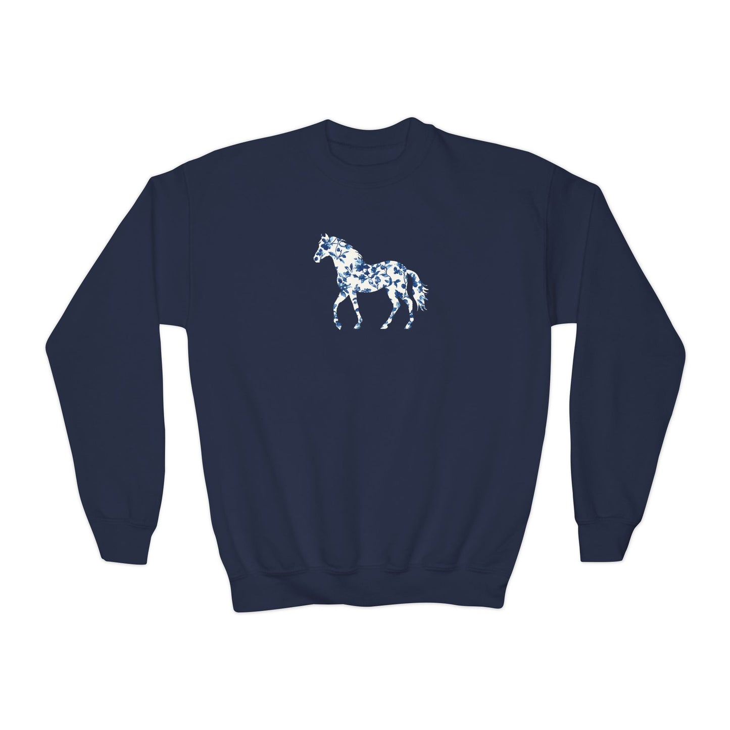 Floral Horse Youth Crewneck Sweatshirt - Blue Vine