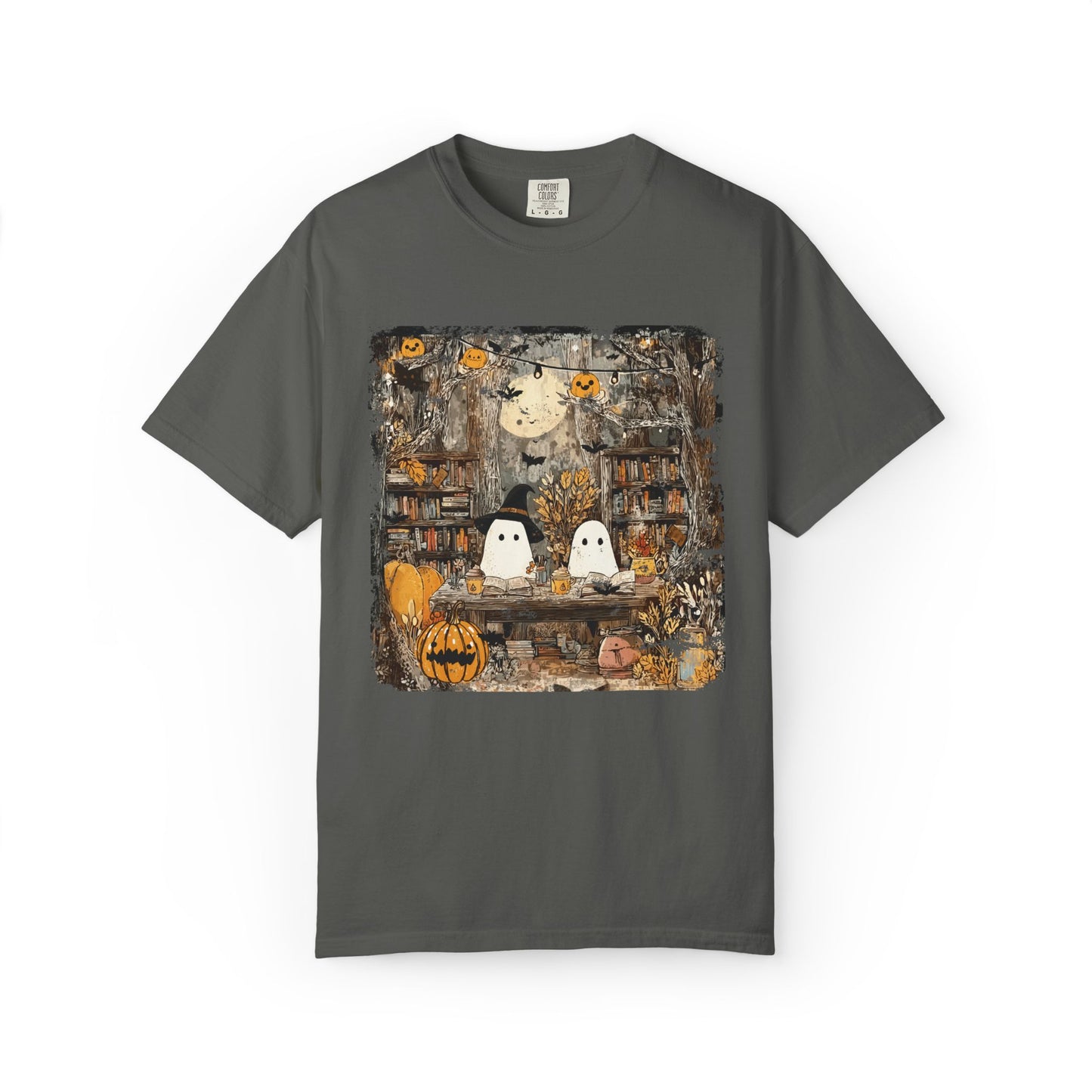 Ghost Library Comfort Colors T-Shirt | Cozy Halloween Reading Graphic Tee