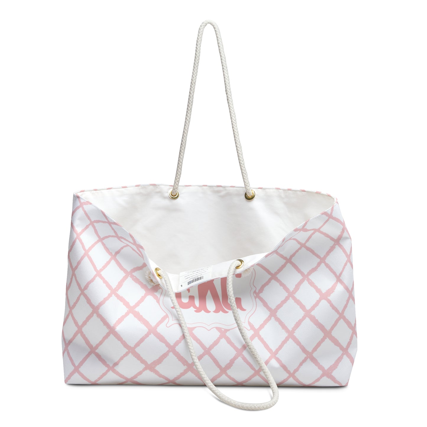 Personalized Pink Lattice Rope Handle Weekender Tote Bag