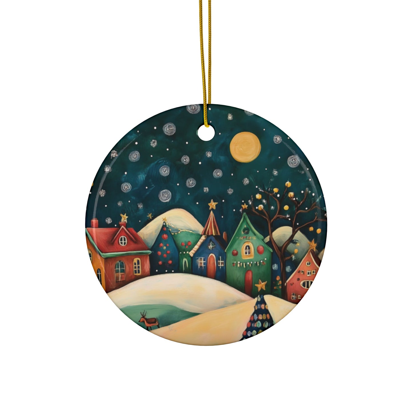 Whimsical Village Ornament | Colorful Winter Night Ceramic Keepsake | The Anchored Bloom Holiday Collection