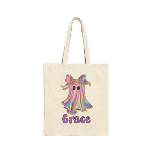 Personalized Pastel Rainbow Ghost Halloween Tote Bag | Custom Trick or Treat Bag for Kids