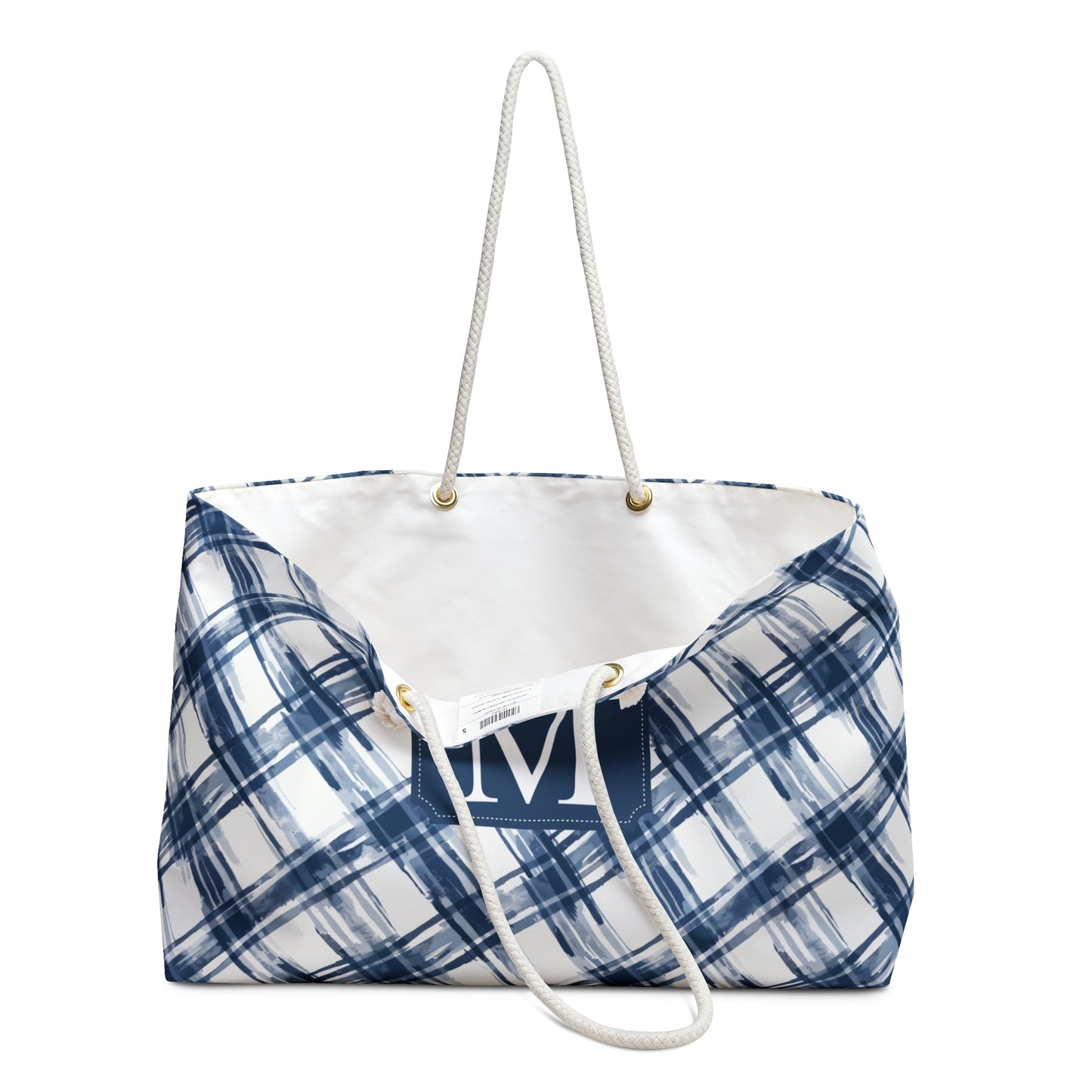Personalized Navy Plaid Rope Handle Weekender Tote Bag