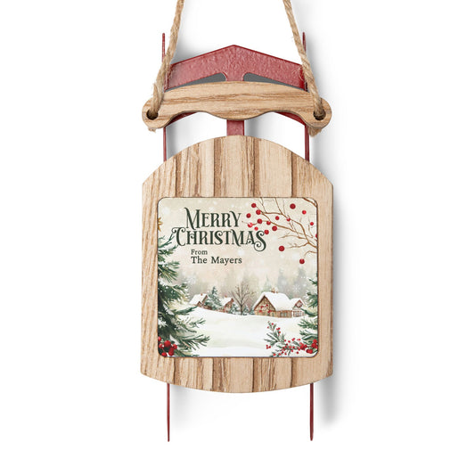 Personalized Christmas Sled Ornament with Scenic Winter Village Art by The Anchored Bloom