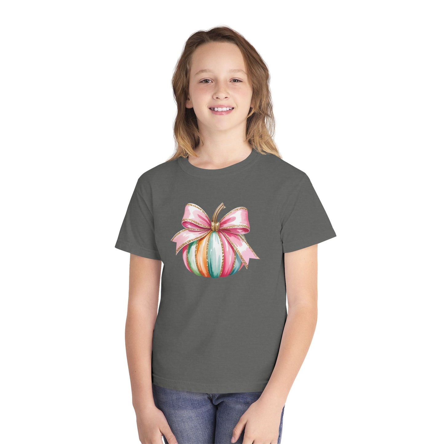 Pastel Pumpkin Bow Kids T-Shirt – Cute Fall Shirt for Girls, Festive Fall Tee, Thanksgiving & Halloween Outfit