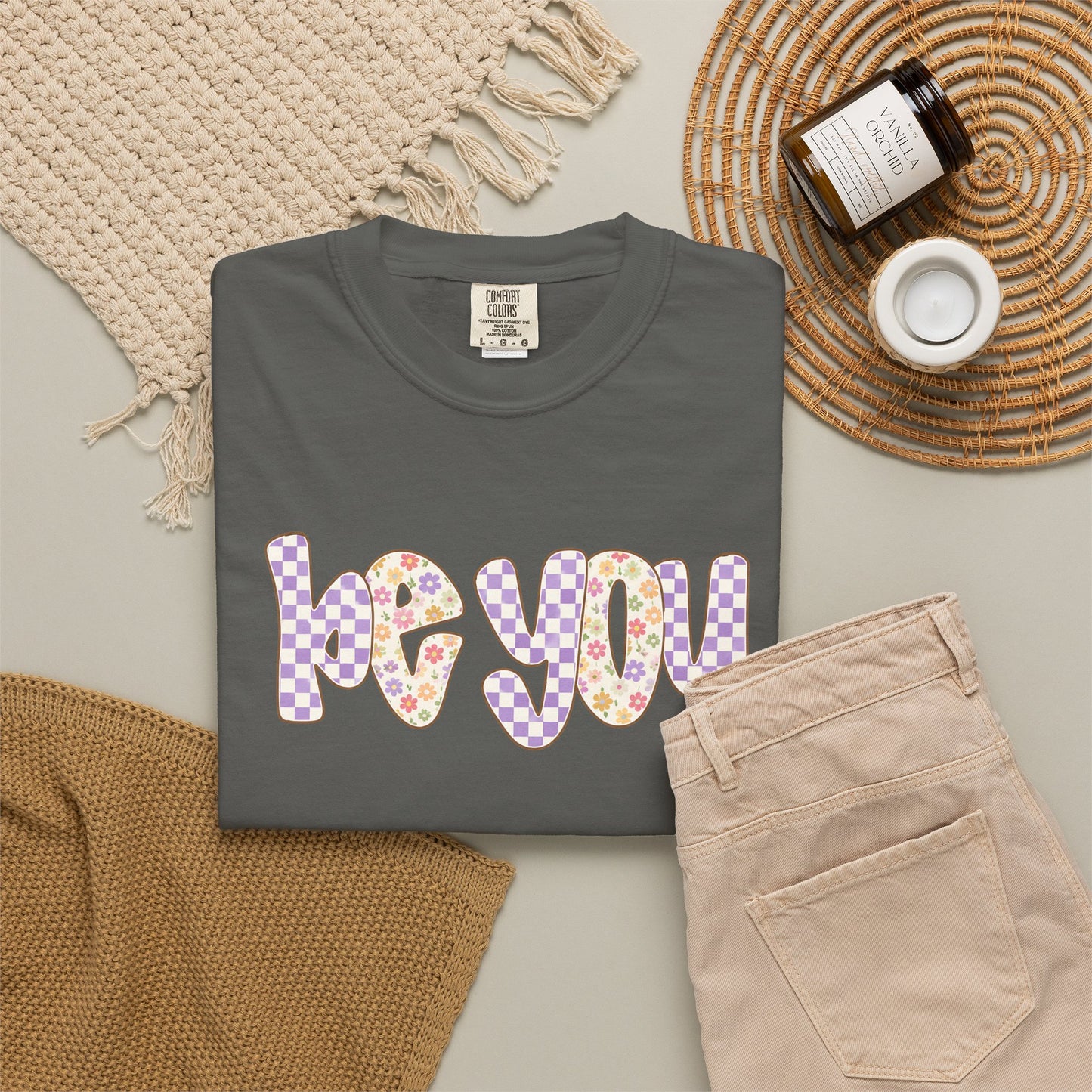 Be You Comfort Colors® T-Shirt | Retro Floral Checkered Inspirational Shirt