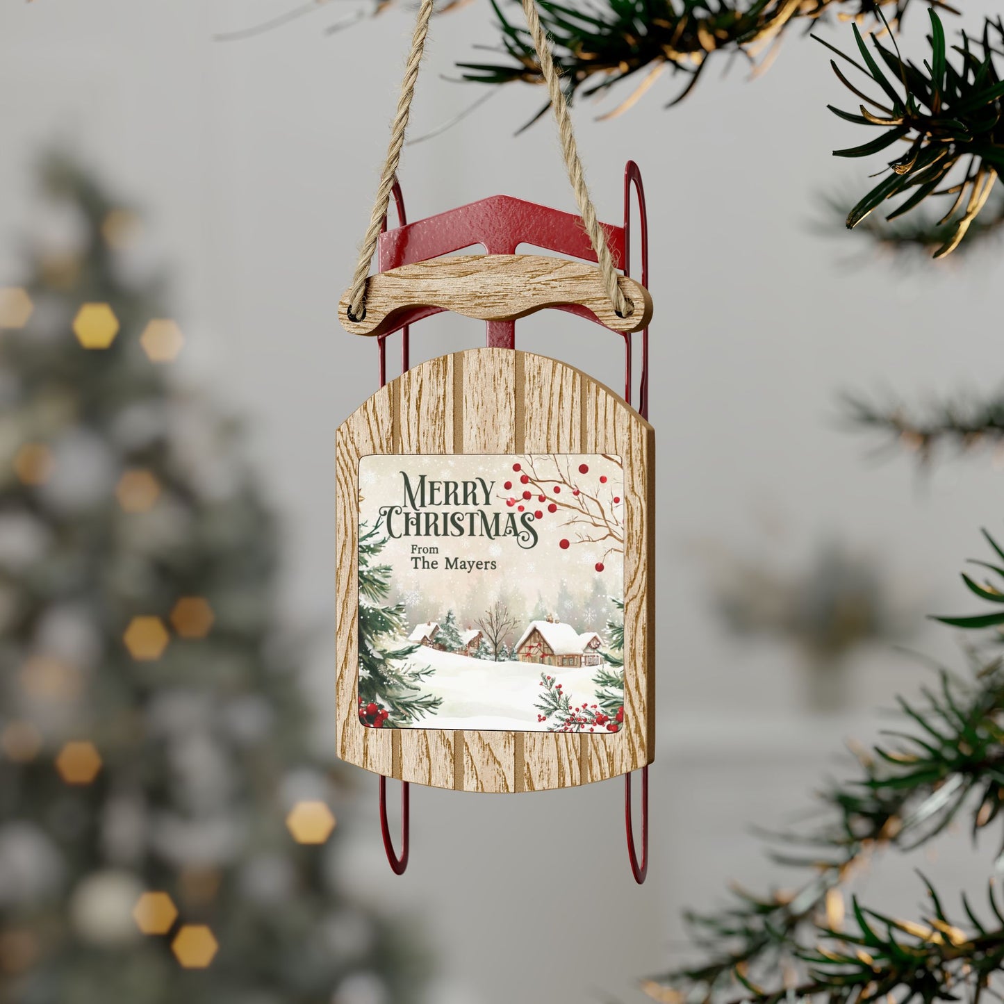 Personalized Christmas Sled Ornament with Scenic Winter Village Art by The Anchored Bloom