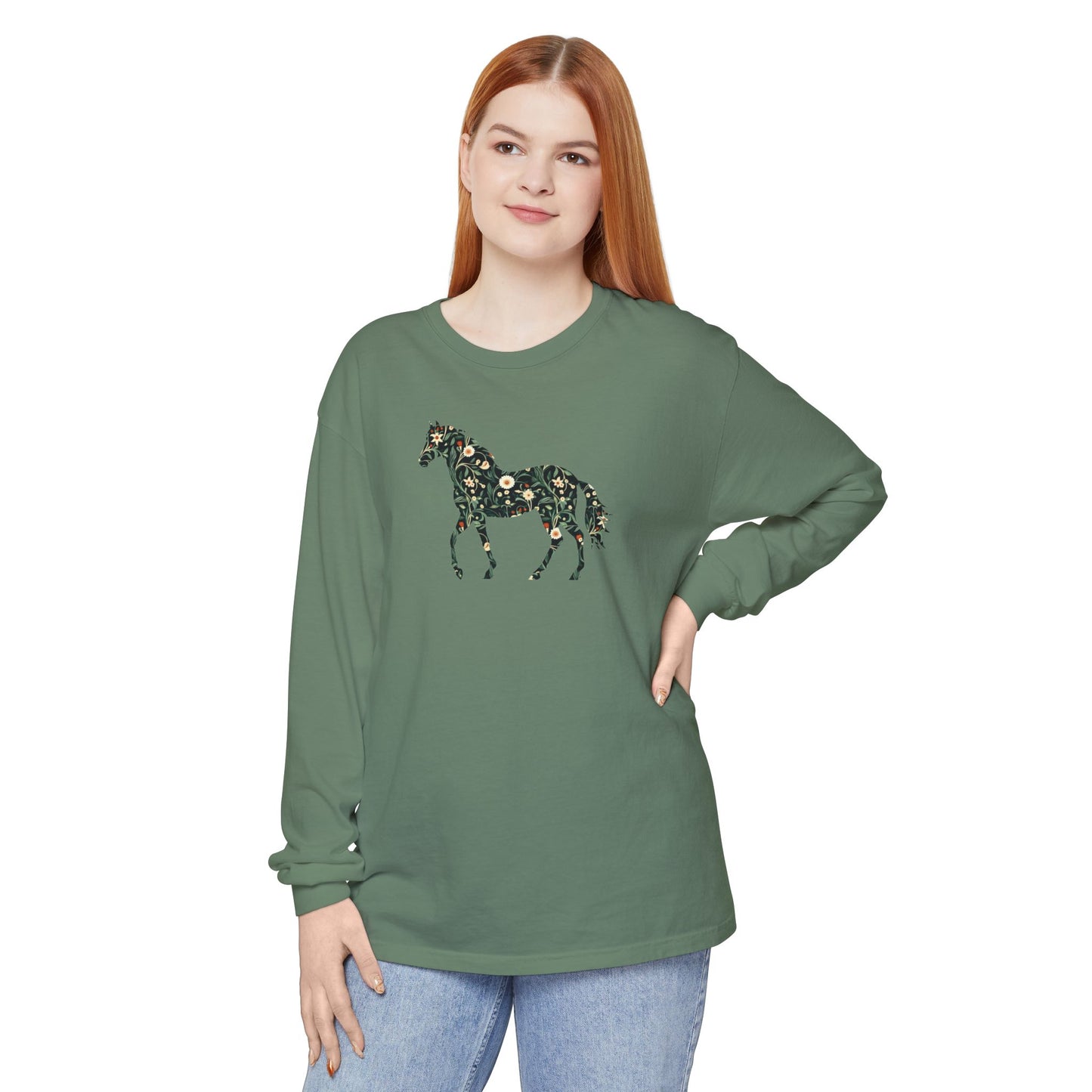 Floral Horse Long Sleeve T-Shirt - Green Vines