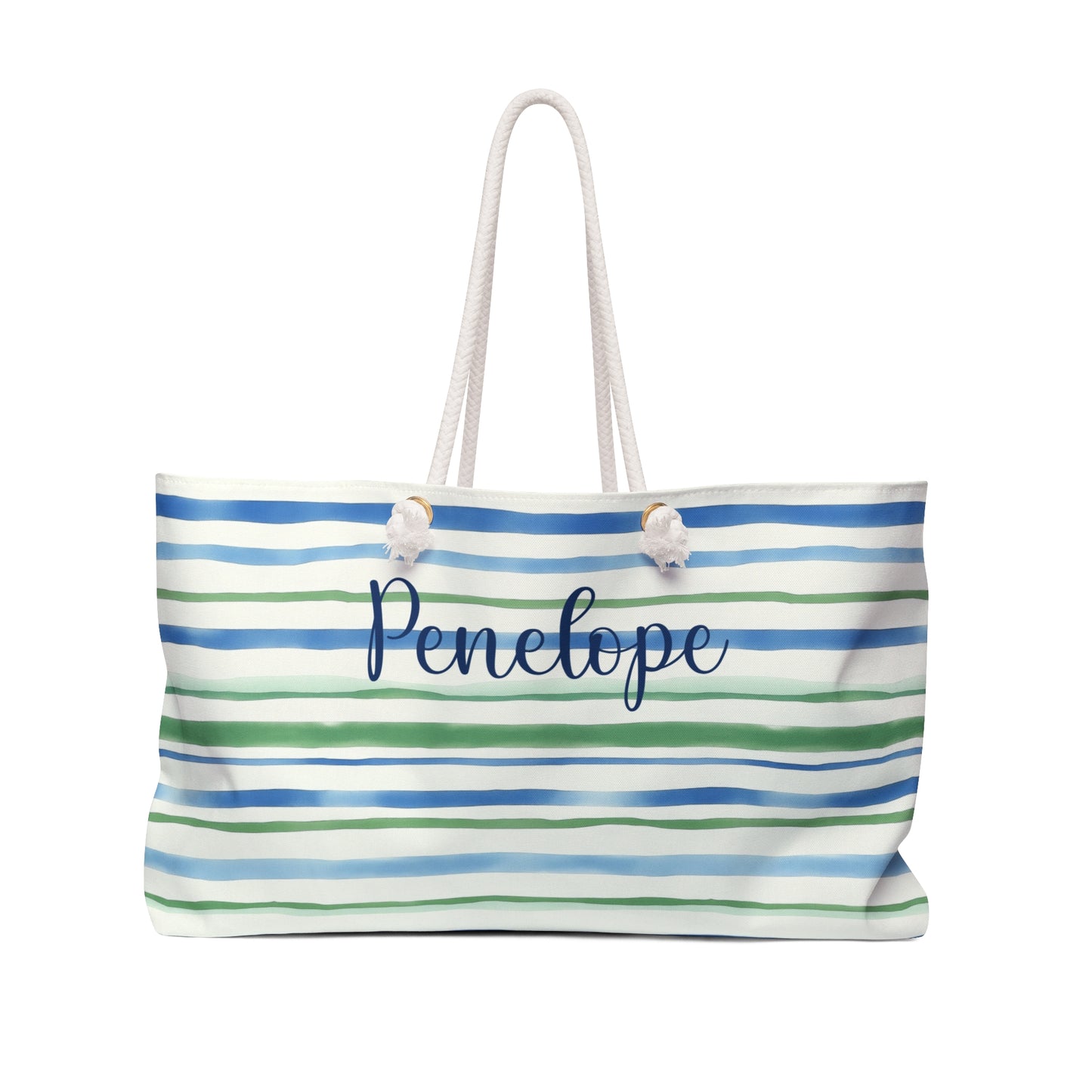 Personalized Blue and Green Stripe Rope Handle Tote Bag