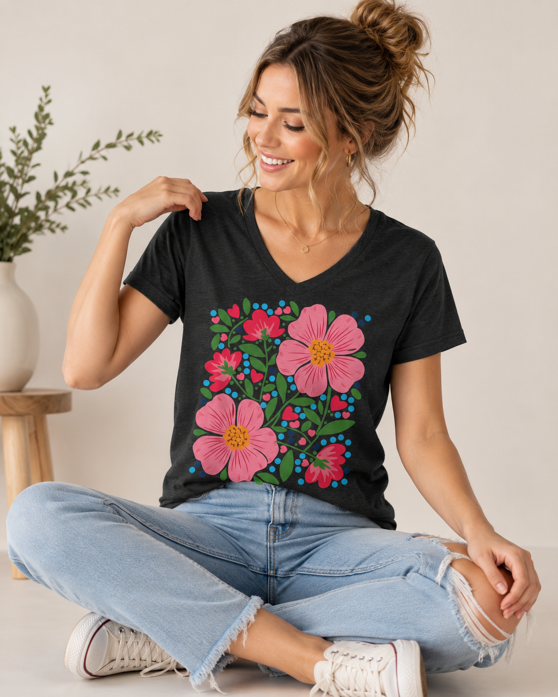 Floral Heart Bella+Canvas V-Neck T-Shirt
