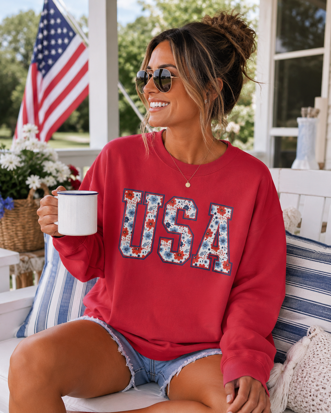 Floral USA  Vintage Americana Crewneck