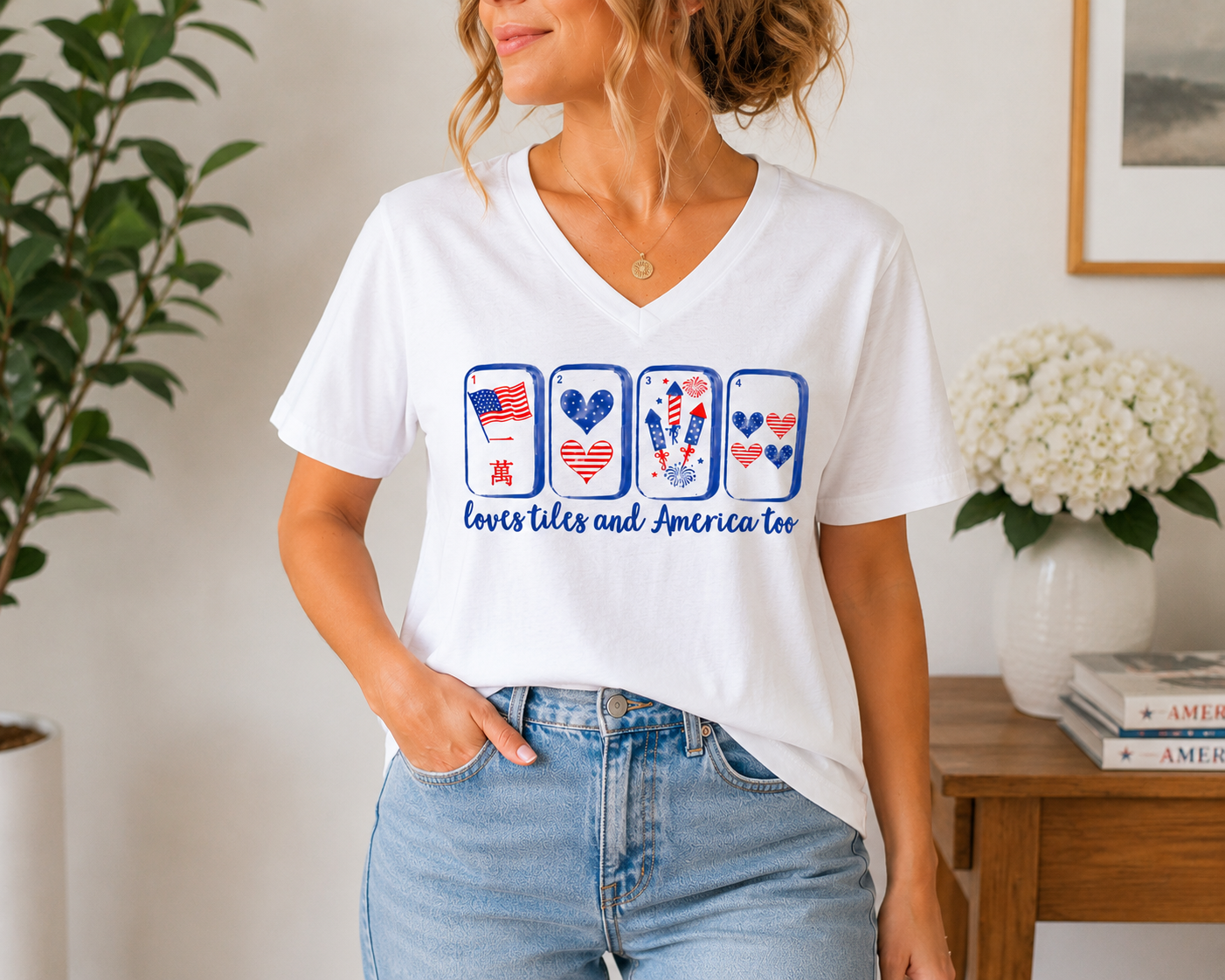 Loves Tiles and America Too V-Neck T-Shirt