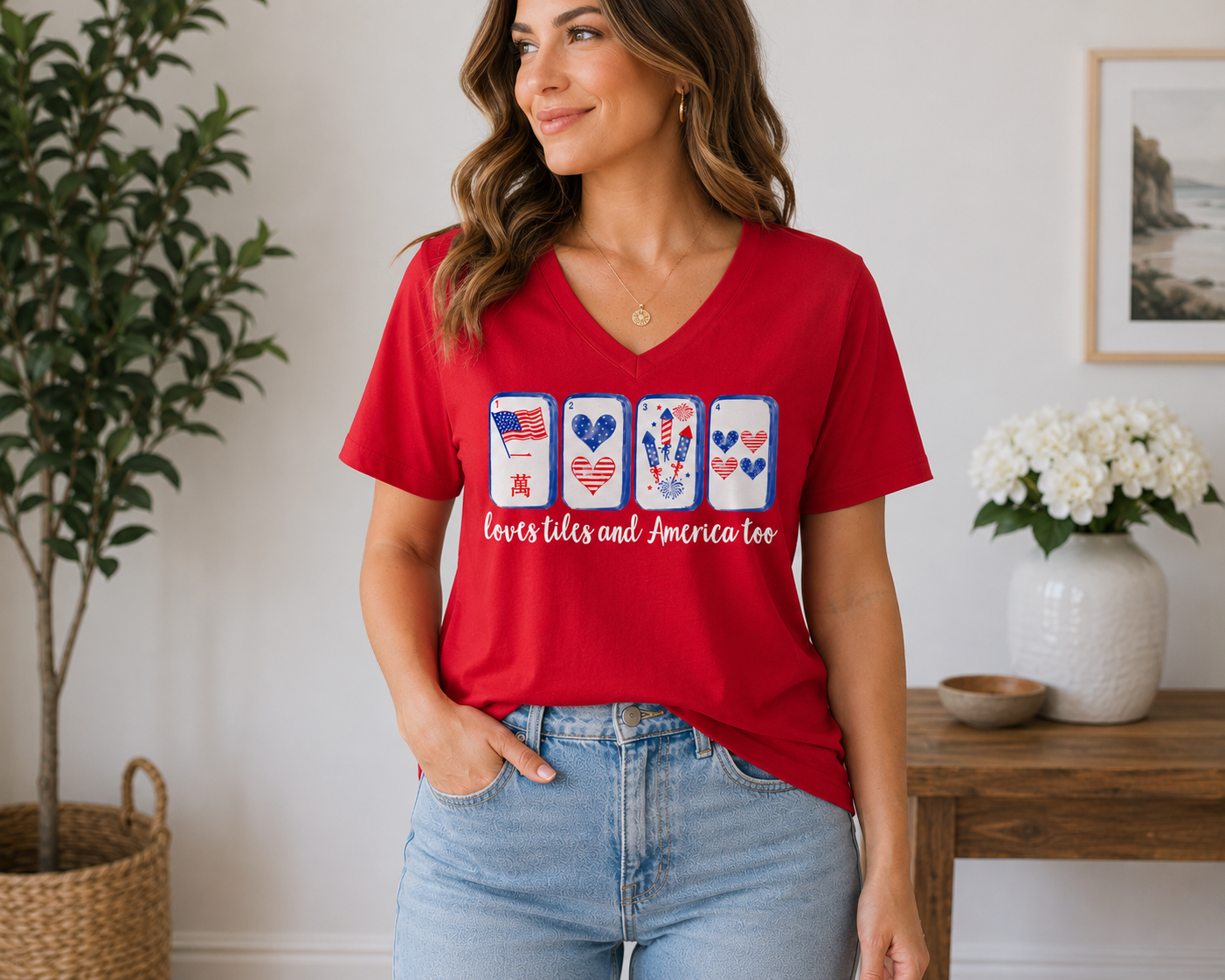 Loves Tiles and America Too V-Neck T-Shirt