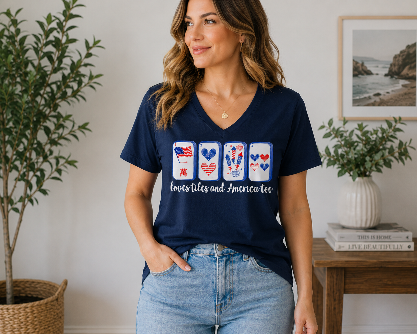 Loves Tiles and America Too V-Neck T-Shirt