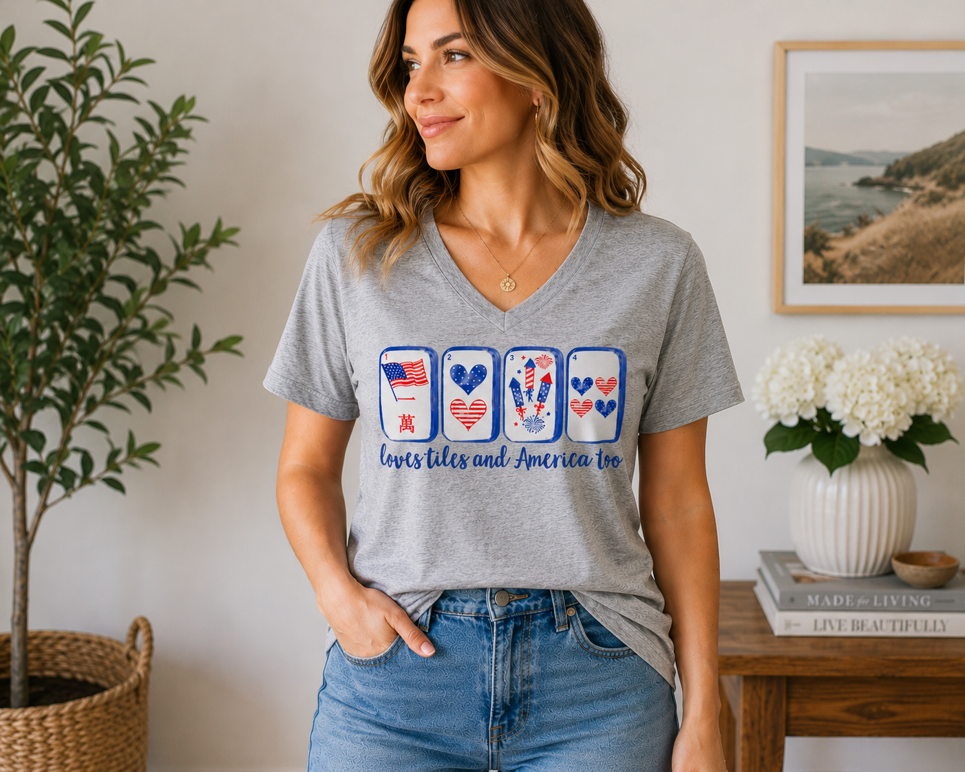 Loves Tiles and America Too V-Neck T-Shirt