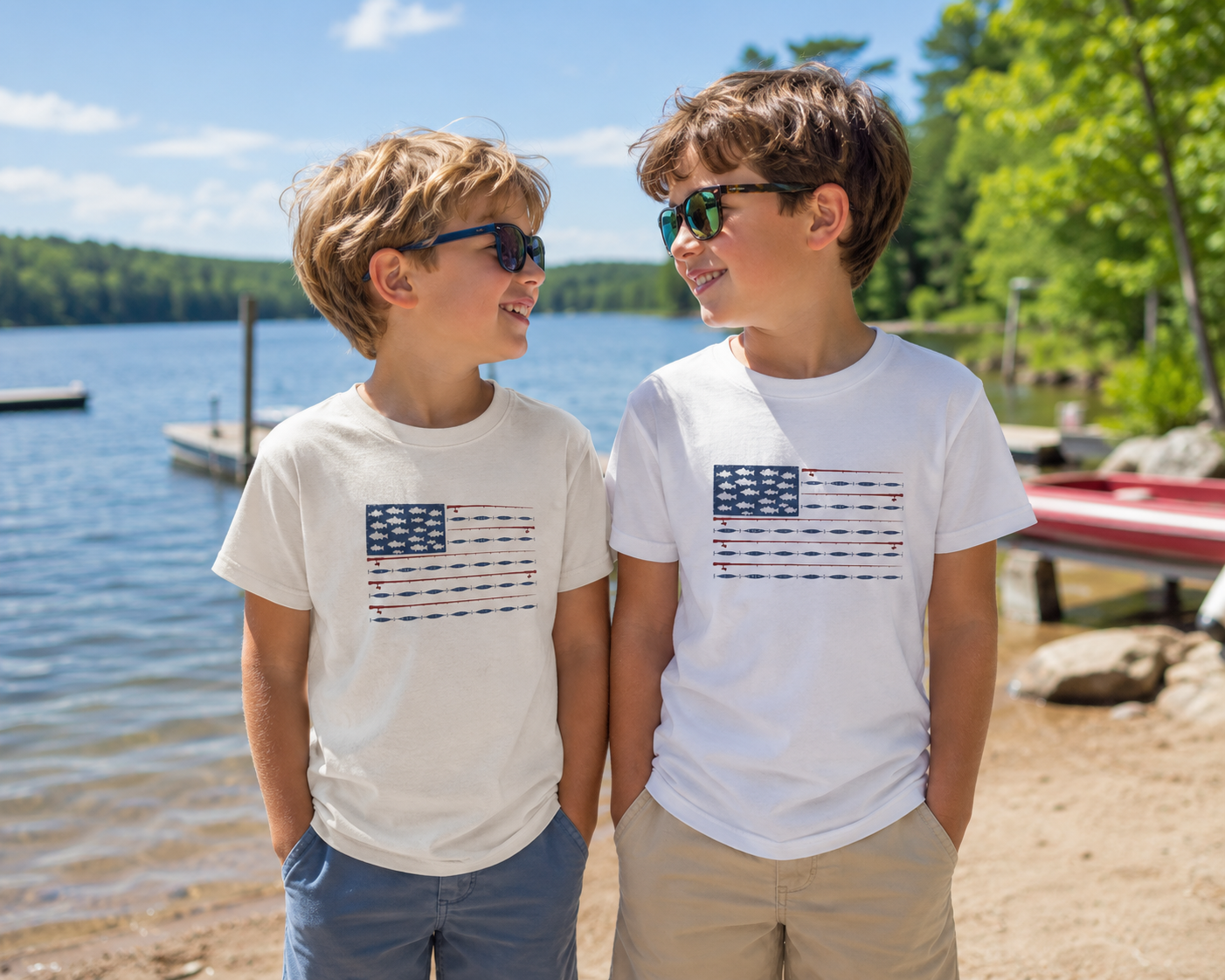 Kids Fishing Flag T-Shirt | Patriotic Lake Life Tee