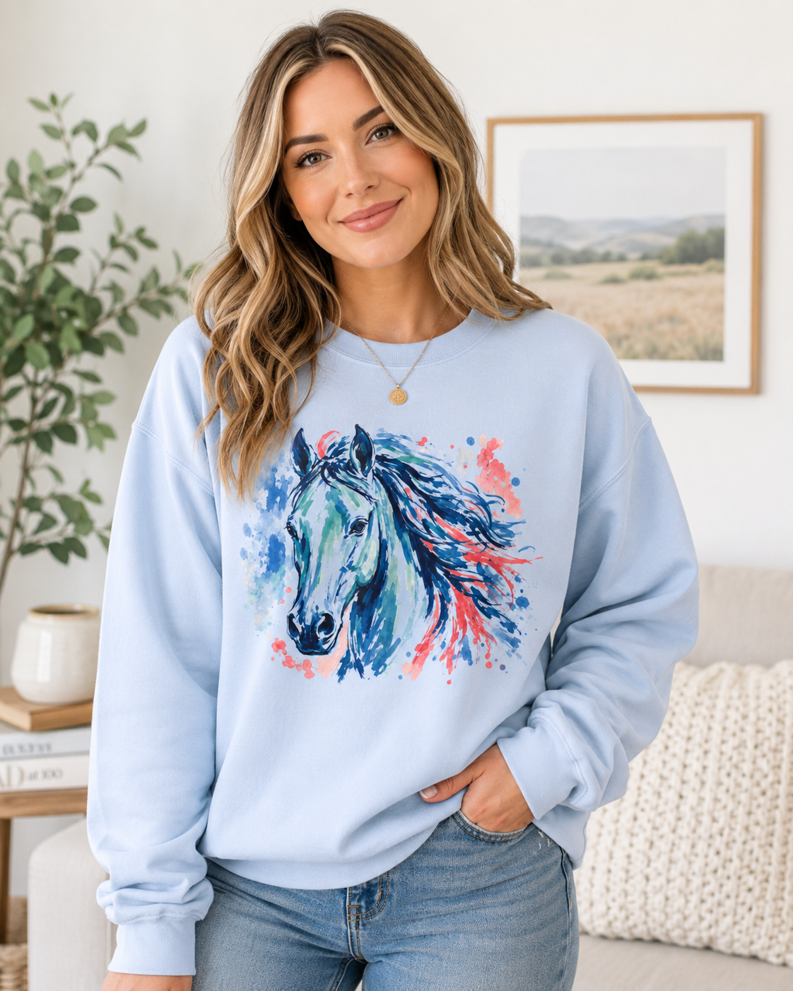 Blue Watercolor Horse Sweatshirt | Equestrian Crewneck