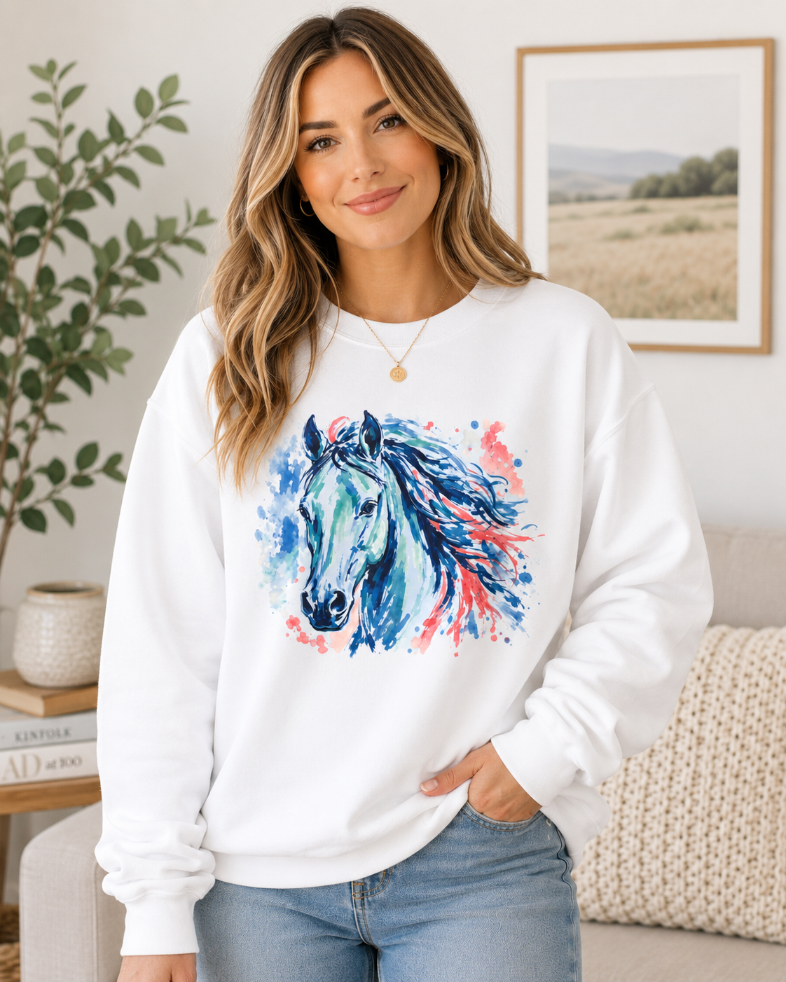 Blue Watercolor Horse Sweatshirt | Equestrian Crewneck