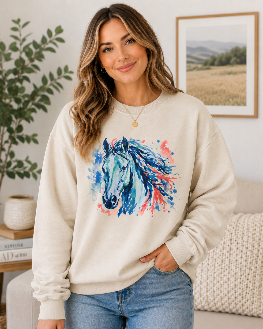 Blue Watercolor Horse Sweatshirt | Equestrian Crewneck
