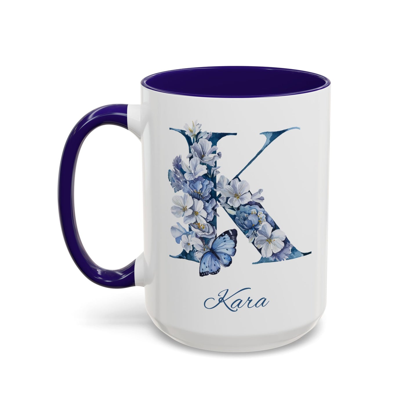 Personalized Floral Initial Mug | Custom Letter & Name Ceramic Coffee Mug | Blue or Red Accent | 11oz or 15oz