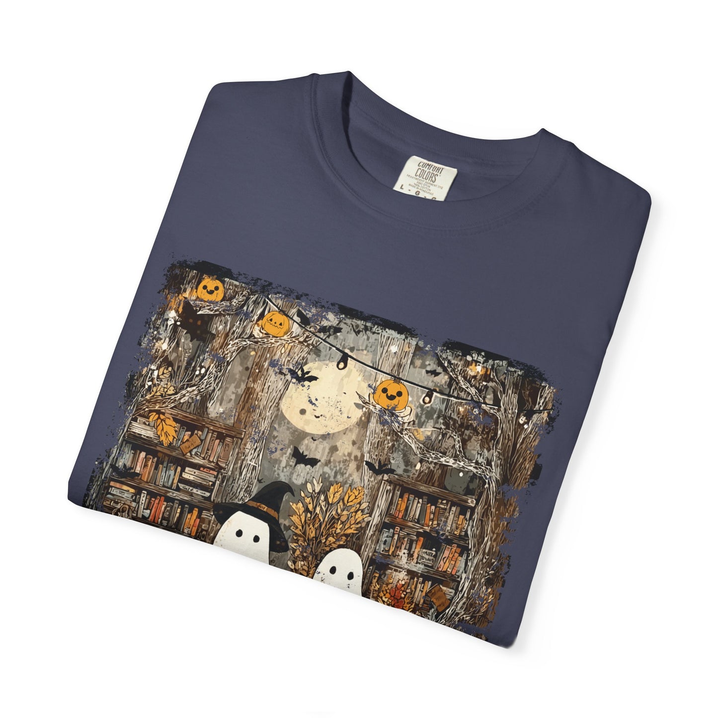 Ghost Library Comfort Colors T-Shirt | Cozy Halloween Reading Graphic Tee