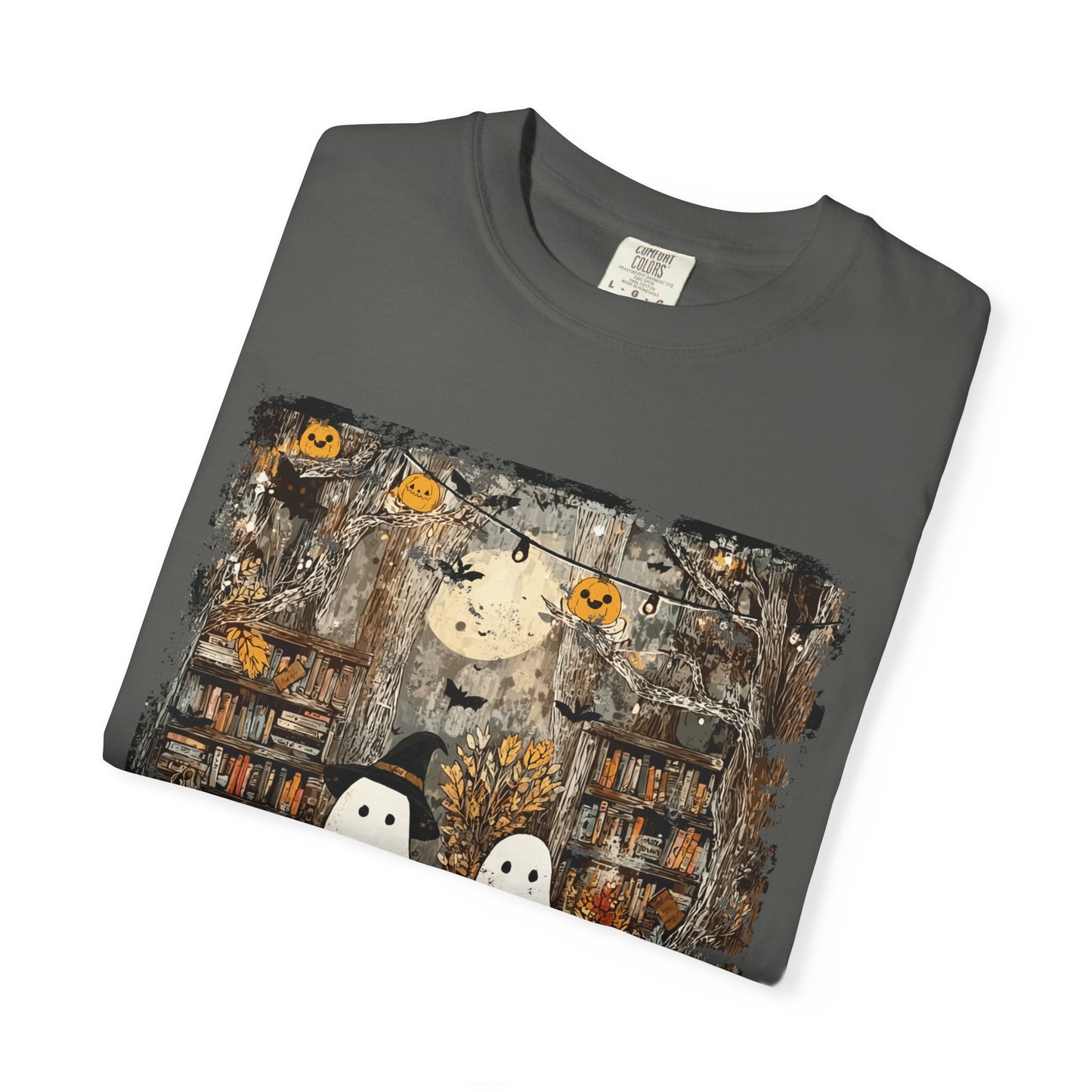 Ghost Library Comfort Colors T-Shirt | Cozy Halloween Reading Graphic Tee
