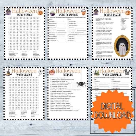 Halloween Games Printable Bundle | 6 Fun Activities for Kids | Word Search, Scramble, and Riddles | Classroom & Family Digital Download