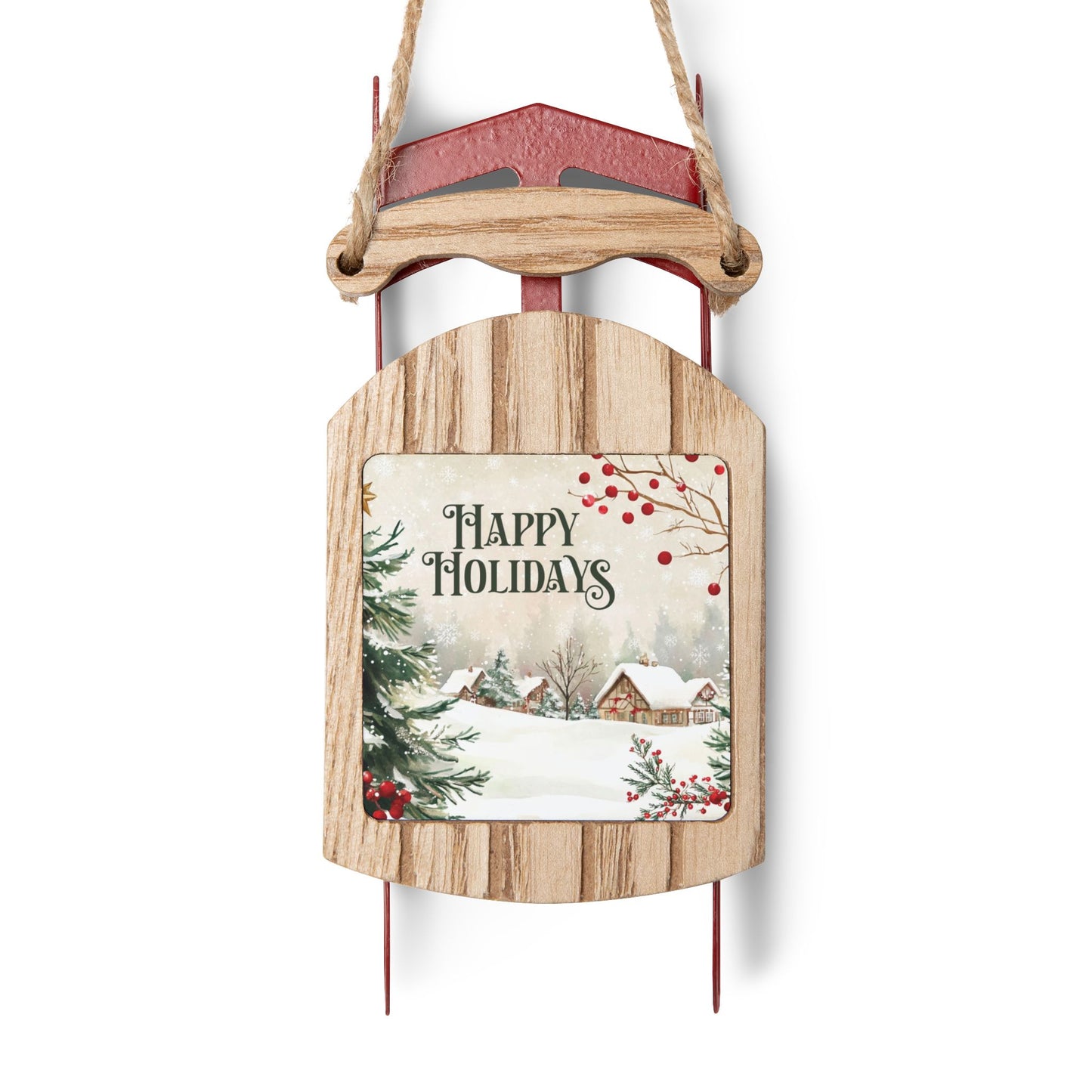 Holiday Sled Ornament with Scenic Winter Village Art by The Anchored Bloom
