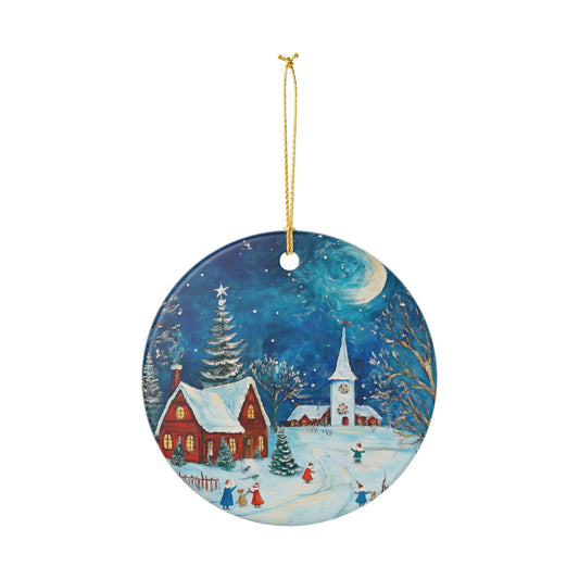 Folk Art Christmas Village Ornament | Cozy Winter Scene Ceramic Keepsake | The Anchored Bloom Holiday Collection