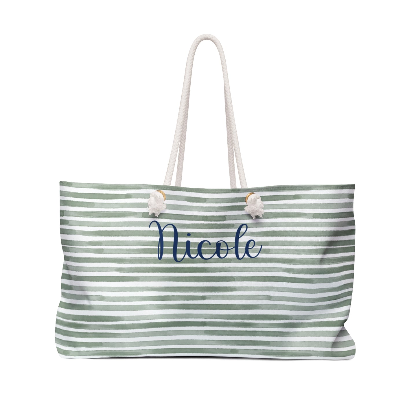 Personalized Sage Stripe Rope Handle Tote Bag