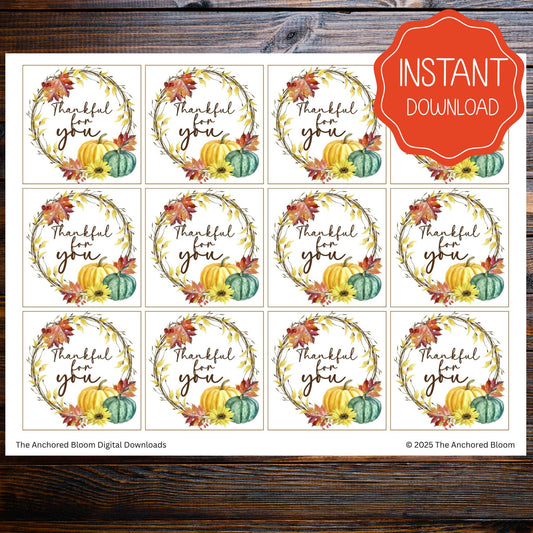 Thankful for You Printable Gift Tags | Fall Gift Tags, Instant Digital Download