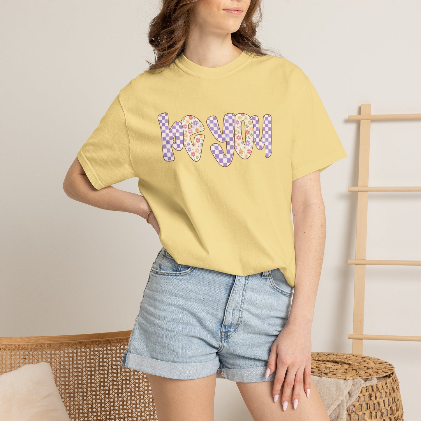 Be You Comfort Colors® T-Shirt | Retro Floral Checkered Inspirational Shirt
