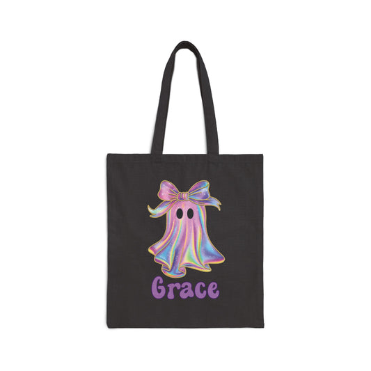 Personalized Pastel Rainbow Ghost Halloween Tote Bag | Custom Trick or Treat Bag for Kids
