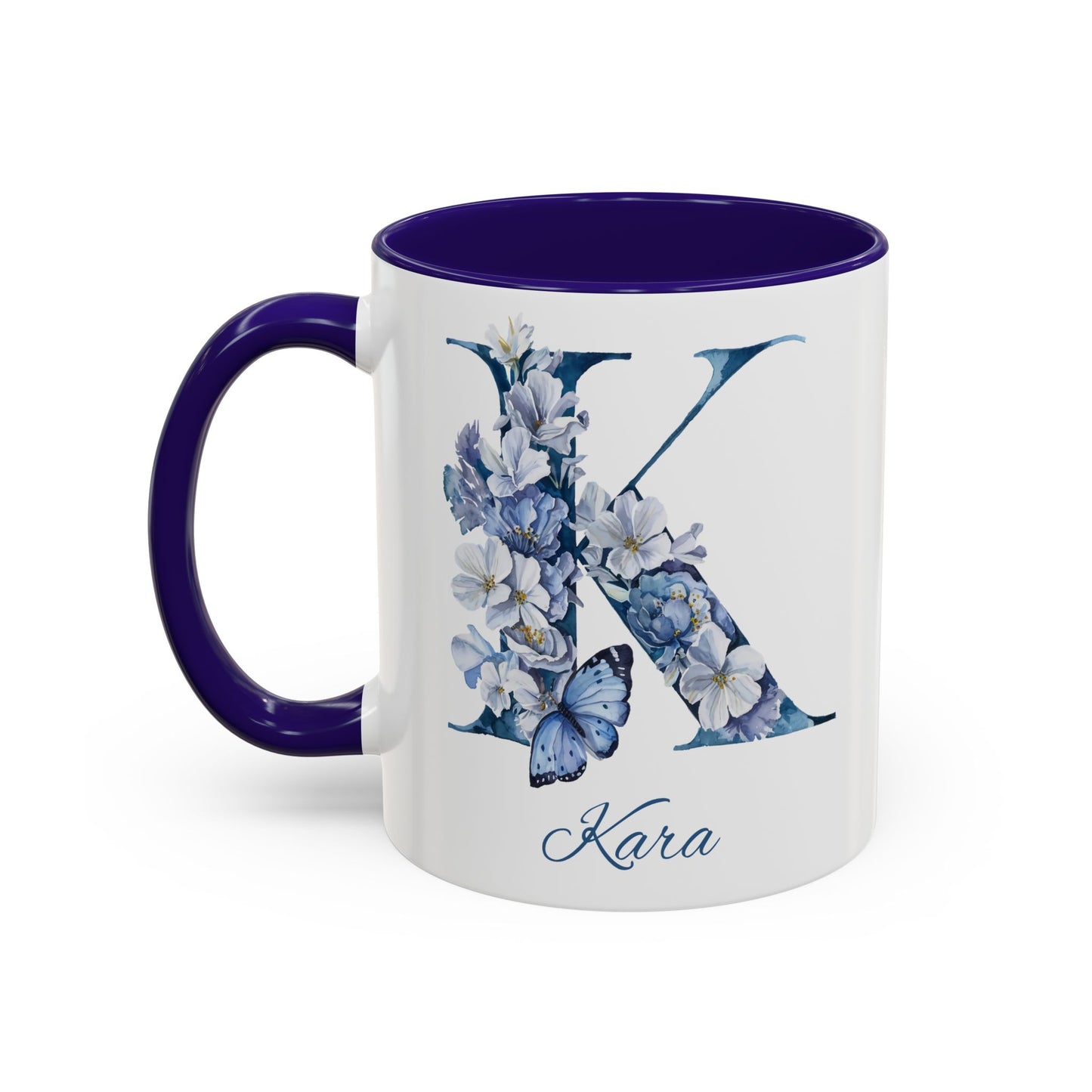 Personalized Floral Initial Mug | Custom Letter & Name Ceramic Coffee Mug | Blue or Red Accent | 11oz or 15oz