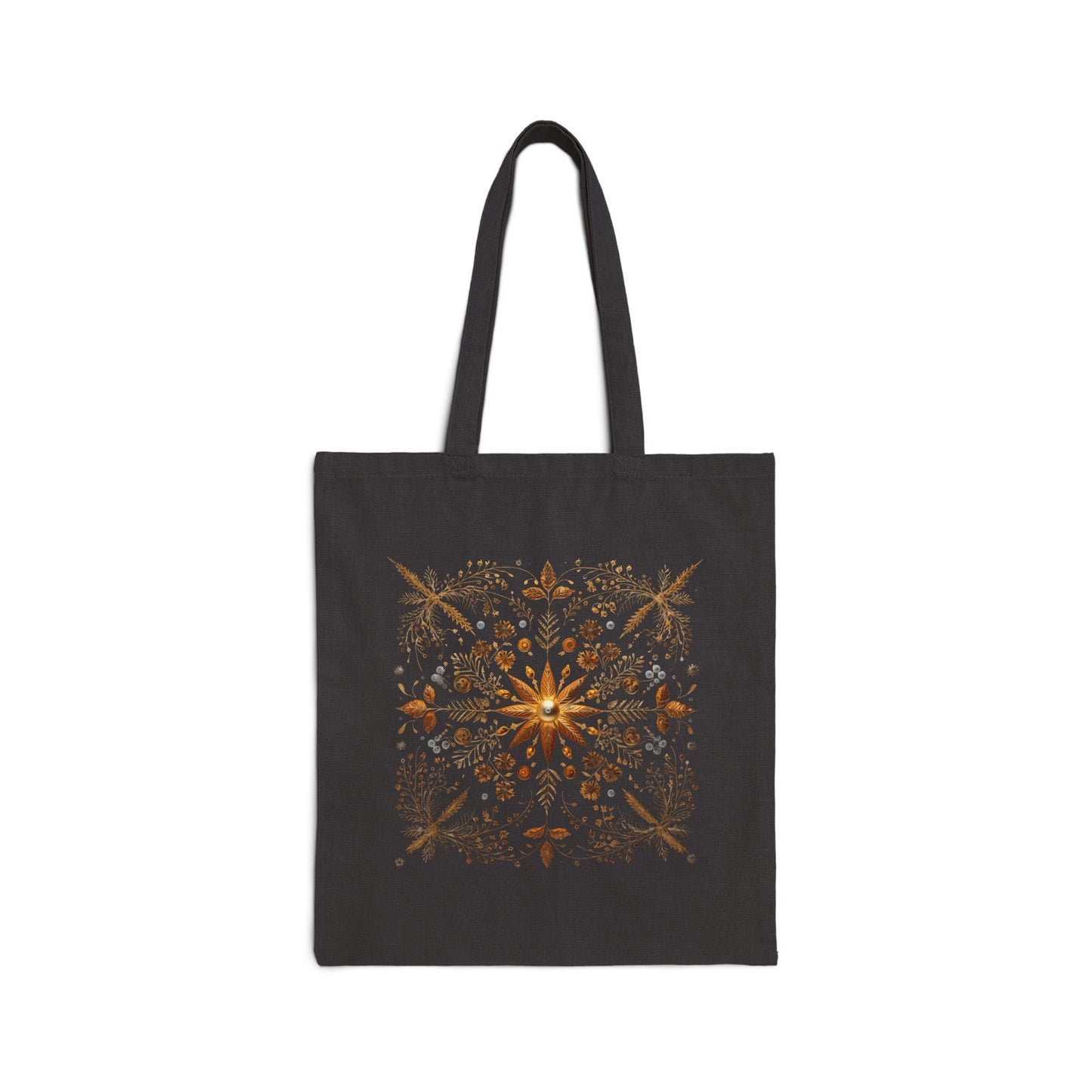 Golden Bloom Holiday Tote Bag – Elegant Floral Star Design, Natural or Black