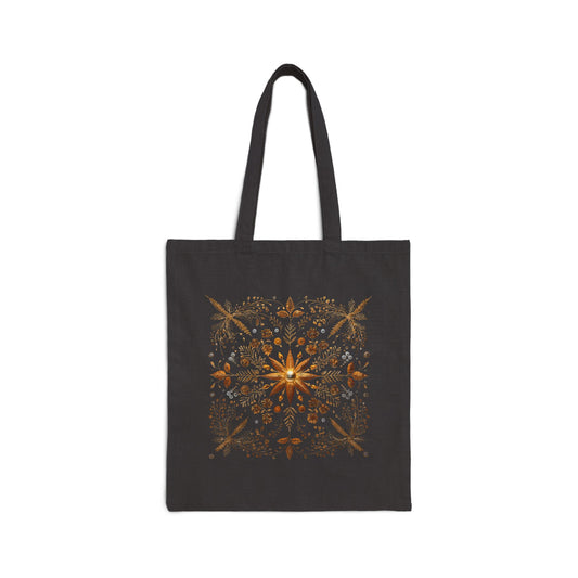 Golden Bloom Holiday Tote Bag – Elegant Floral Star Design, Natural or Black
