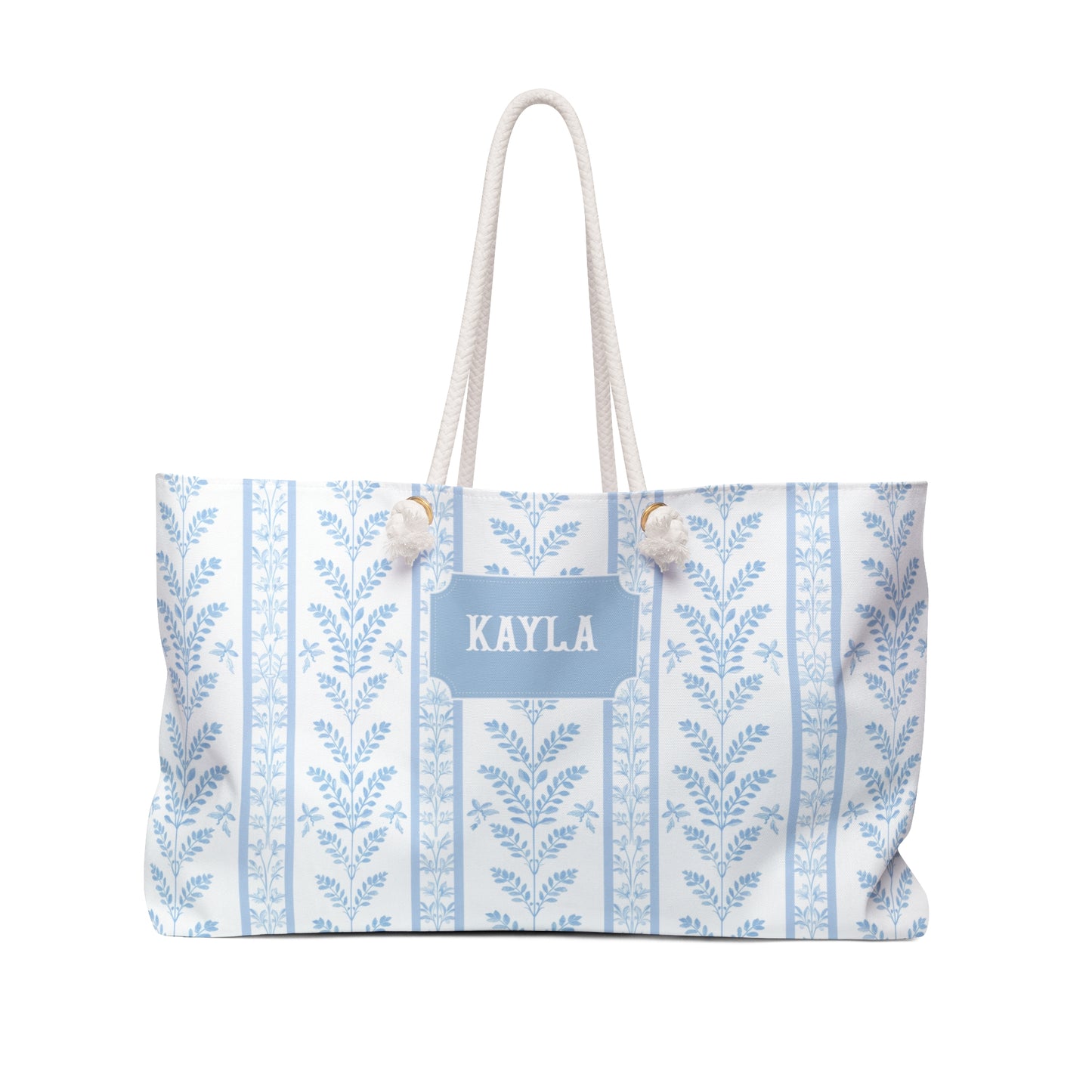 Personalized Blue Botanical Rope Handle Tote Bag