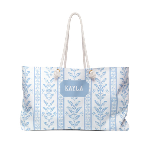 Personalized Blue Botanical Rope Handle Tote Bag