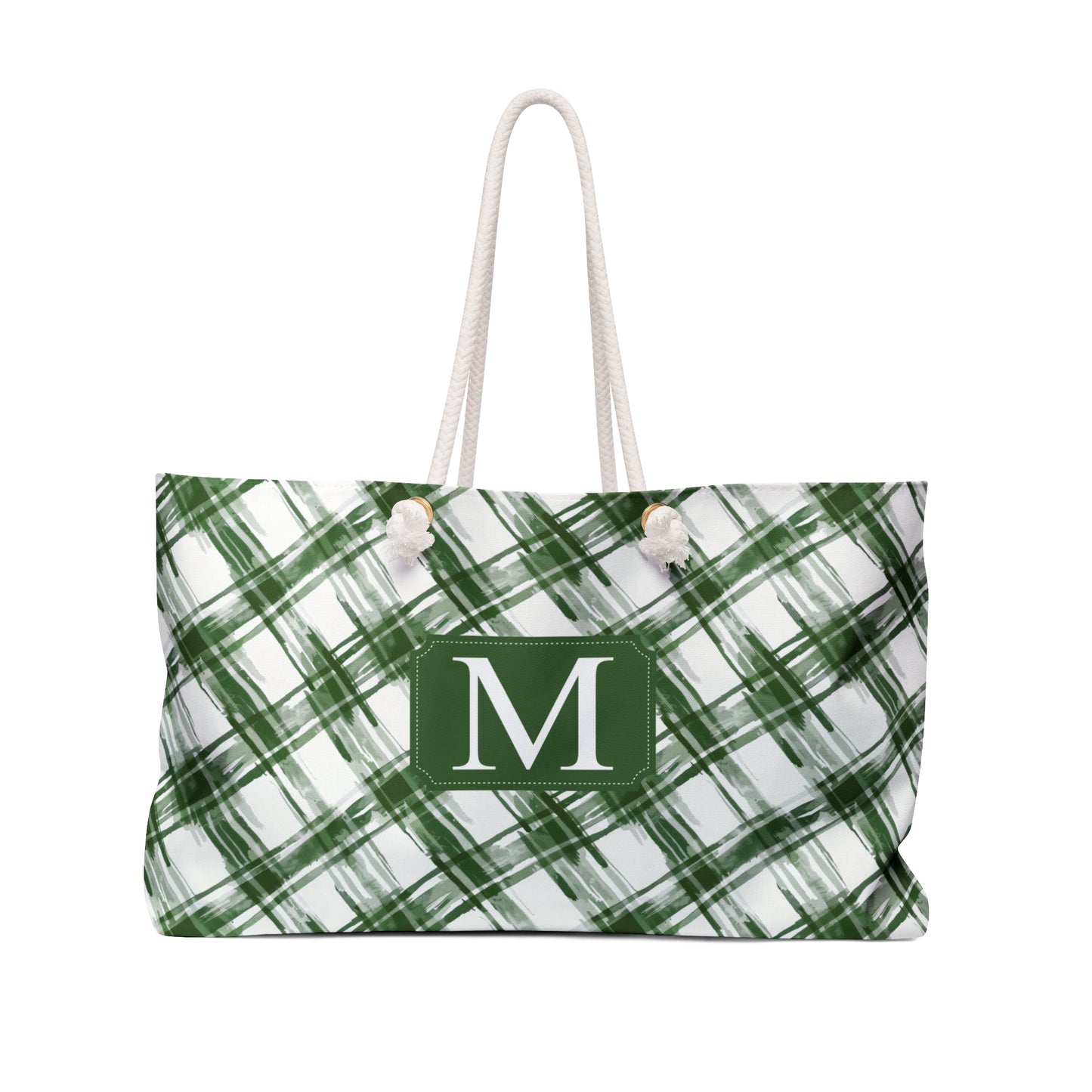 Personalized Green Plaid Rope Handle Weekender Tote Bag