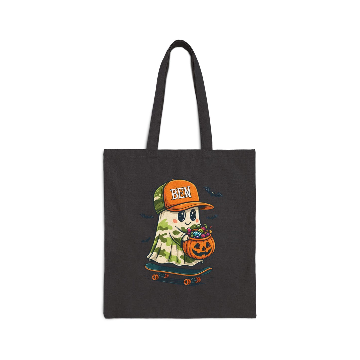 Personalized Skateboard Ghost Halloween Tote Bag | Custom Trick or Treat Bag for Kids