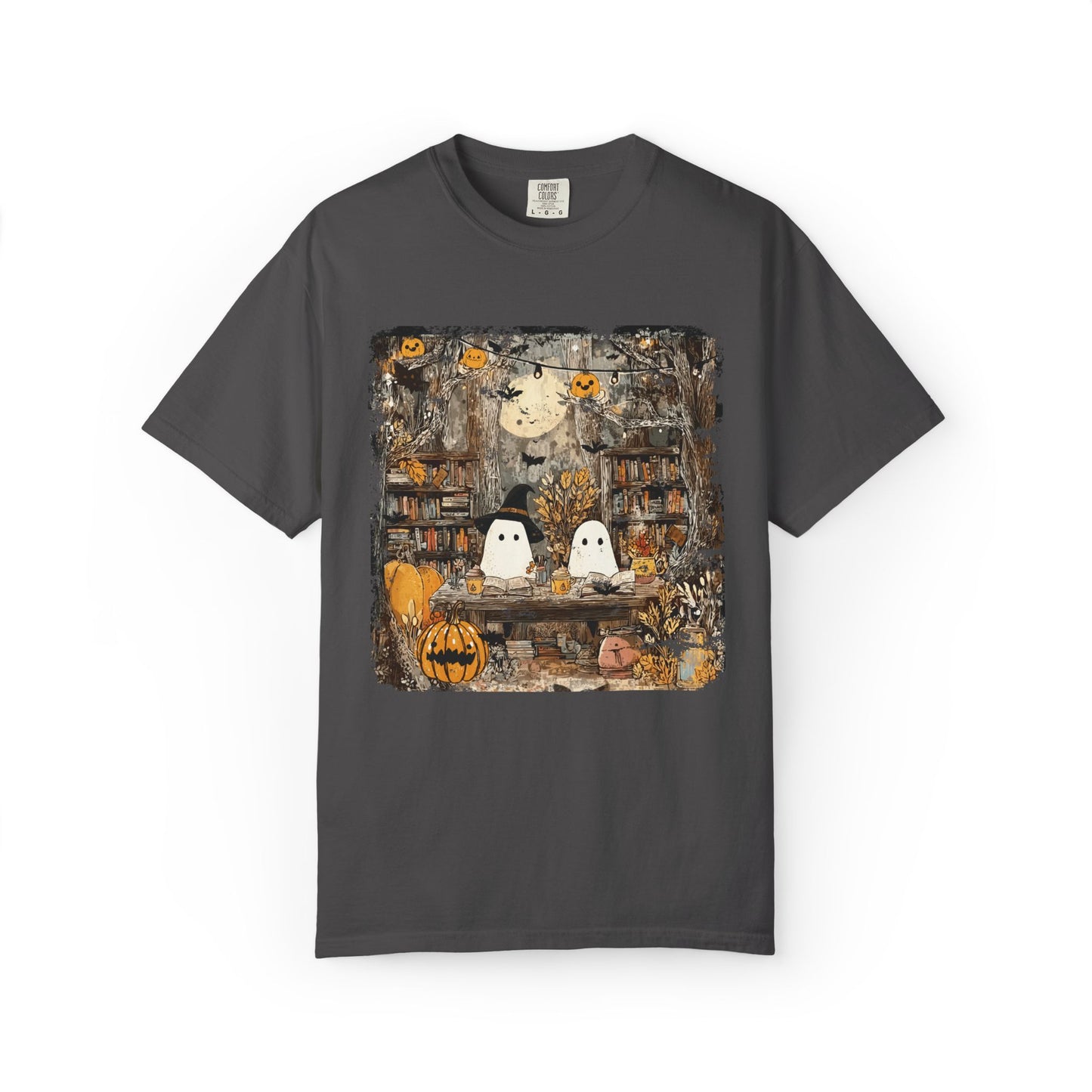Ghost Library Comfort Colors T-Shirt | Cozy Halloween Reading Graphic Tee