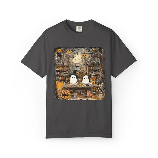 Ghost Library Comfort Colors T-Shirt | Cozy Halloween Reading Graphic Tee