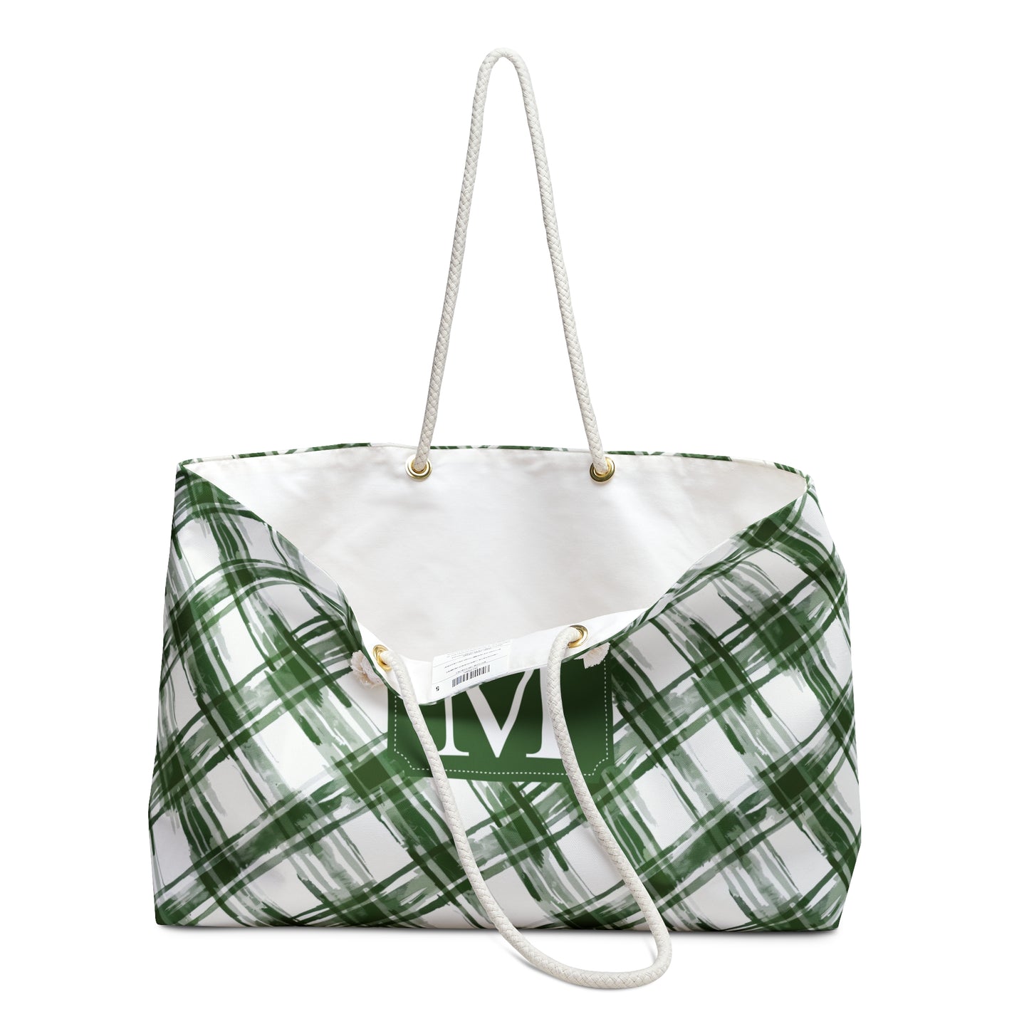 Personalized Green Plaid Rope Handle Weekender Tote Bag