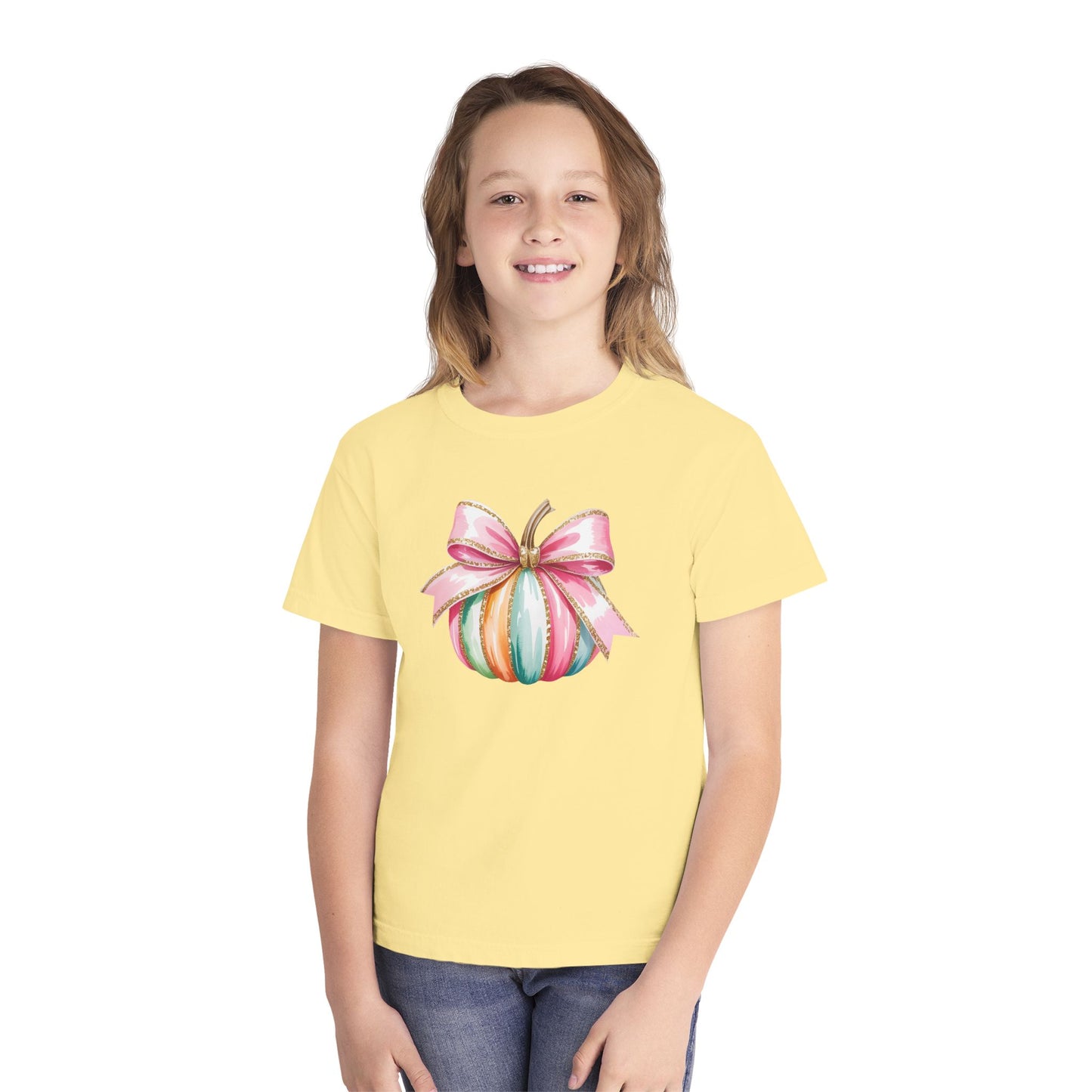 Pastel Pumpkin Bow Kids T-Shirt – Cute Fall Shirt for Girls, Festive Fall Tee, Thanksgiving & Halloween Outfit
