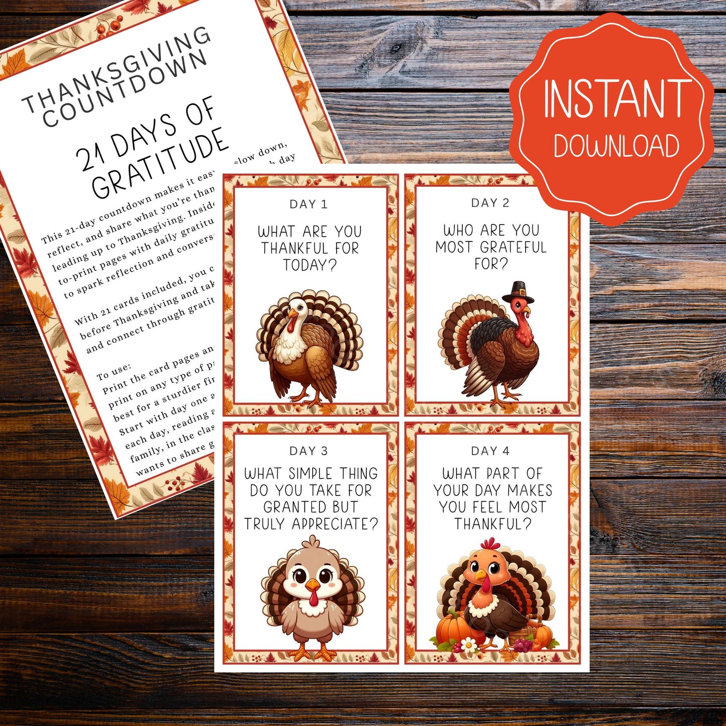 21-Day Thanksgiving Gratitude Countdown Printable Cards | Family Reflection Activity, Classroom Conversation Prompts, Instant Digital Download