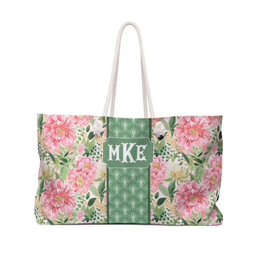 Personalized Pink Floral Rope Handle Tote Bag